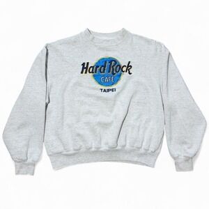 Vintage 90s Hard Rock Cafe Taipei Grey Pullover Crewneck Sweater Medium 22x21"